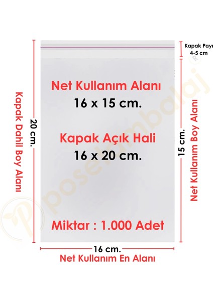 16X15+5 CM. (16X20) 1. 000 Adet Şeffaf Bantlı Yapışkanlı Opp Poşet