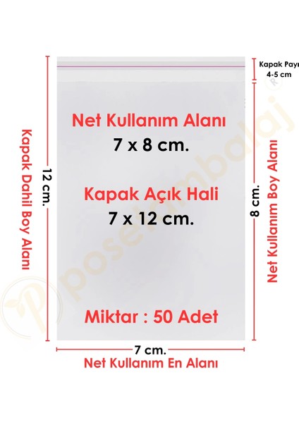 7x7+5 CM. (7X12) 50 Adet Şeffaf Bantlı Yapışkanlı Opp Poşet