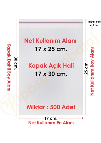 17X25+5 CM. (17X30) 500 Adet Şeffaf Bantlı Yapışkanlı Opp Poşet