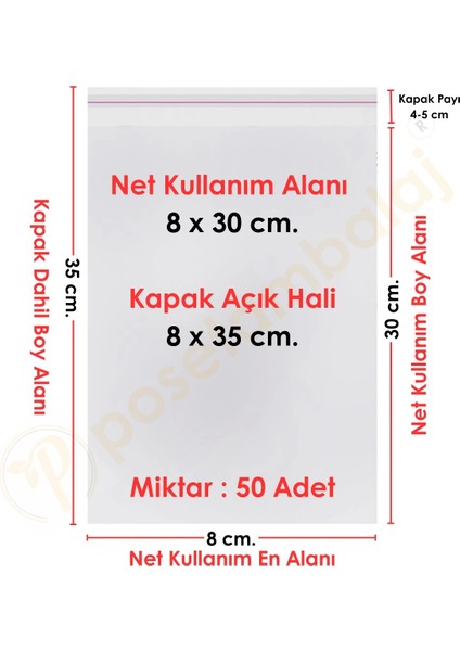 8X30+5 CM. (8X35) 50 Adet Şeffaf Bantlı Yapışkanlı Opp Poşet