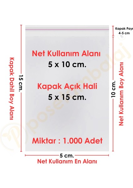 5X10+5 CM. (5X15) 1. 000 Adet Şeffaf Bantlı Yapışkanlı Opp Poşet