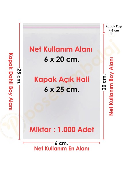 6X20+5 CM. (6X25) 1. 000 Adet Şeffaf Bantlı Yapışkanlı Opp Poşet