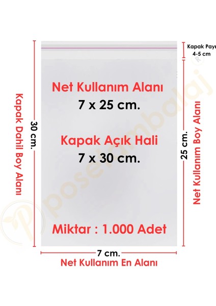 7X25+5 CM.(7X30) 1.000 Adet Şeffaf Bantlı Yapışkanlı Opp Poşet