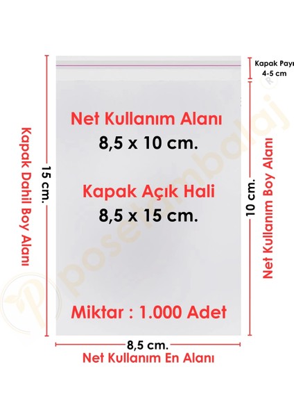 8, 5X10+5 CM. (8, 5X15) 1. 000 Adet Şeffaf Bantlı Yapışkanlı Opp Poşet
