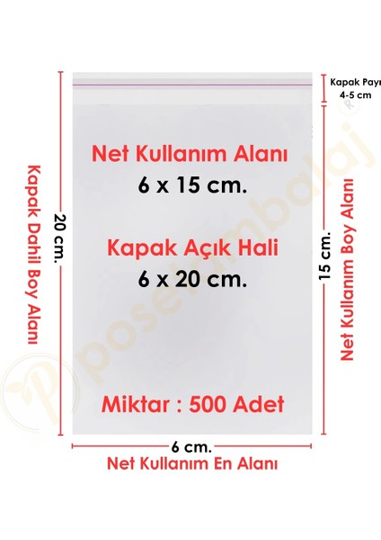 6X15+5 CM.(6X20) 500 Adet Şeffaf Bantlı Yapışkanlı Opp Poşet