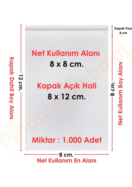 8x8+4 CM. (8X12) 1. 000 Adet Şeffaf Bantlı Yapışkanlı Opp Poşet