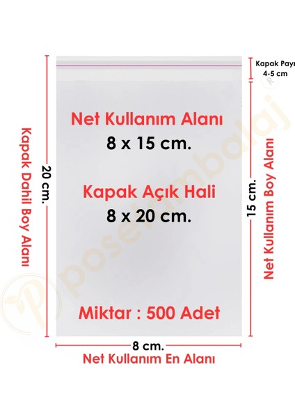 8X15+5 CM. (8X20) 500 Adet Şeffaf Bantlı Yapışkanlı Opp Poşet