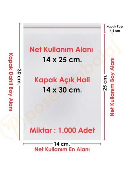 14X25+5 CM. (14X30) 1. 000 Adet Şeffaf Bantlı Yapışkanlı Opp Poşet