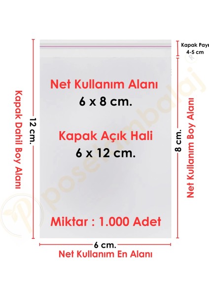 6x8+4 CM.(6X12) 1.000 Adet Şeffaf Bantlı Yapışkanlı Opp Poşet
