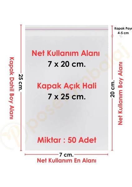 7X20+5 CM. (7X25) 50 Adet Şeffaf Bantlı Yapışkanlı Opp Poşet