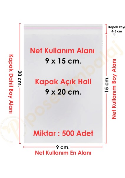 9X15+5 CM. (9X20) 500 Adet Şeffaf Bantlı Yapışkanlı Opp Poşet