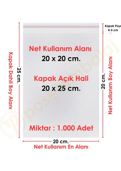 20X20+5 CM. (20X25) 1. 000 Adet Şeffaf Bantlı Yapışkanlı Opp Poşet