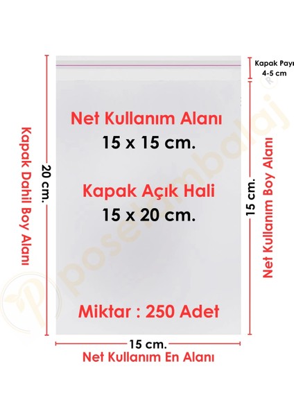 15X15+5 CM.(15X20) 250 Adet Şeffaf Bantlı Yapışkanlı Opp Poşet