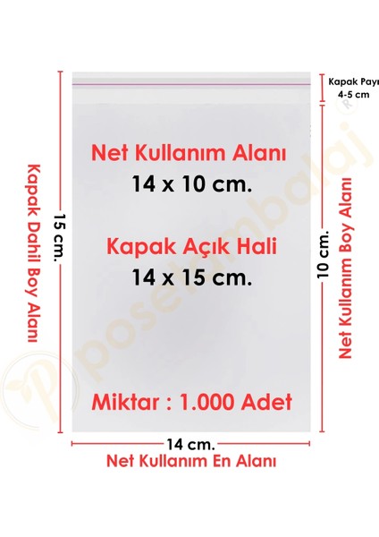 14X10+5 CM. (14X15) 1. 000 Adet Şeffaf Bantlı Yapışkanlı Opp Poşet