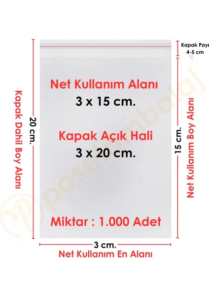 3X15+5 CM. (3X20) 1. 000 Adet Şeffaf Bantlı Yapışkanlı Opp Poşet