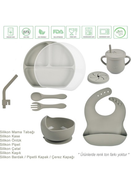 Silikon Beslenme Seti Silikon Mama Tabağı ve Kasesi, Pipet, Önlük, Çatal-Kaşık, Bardak / Gri Renk