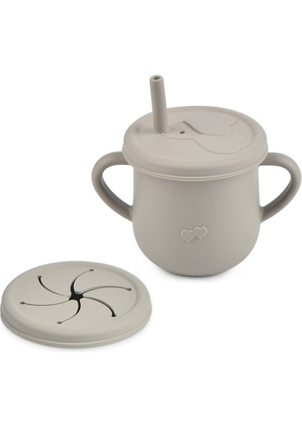 Silikon Beslenme Seti Silikon Mama Tabağı ve Kasesi, Pipet, Önlük, Çatal-Kaşık, Bardak / Gri Renk