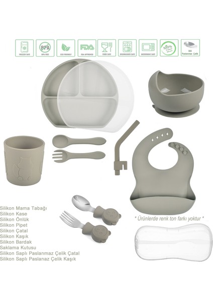 Silikon Beslenme Seti Kapaklı, Vakumlu Silikon Mama Tabağı, Kase, Önlük, Pipet, Çatal ve Kaşık, Bardak, Paslanmaz Çelik Çatal ve Kaşık, Saklama Kutusu / Gri Renk