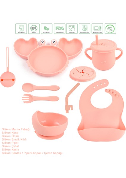 Yengeç Figürlü Vakumlu Silikon Beslenme Seti, Mama Tabağı, Kase, Emzik Kılıfı, Pipet, Önlük, Çatal-Kaşık, Pipetli Bardak ve Çerez Kapağı / Pembe Renk