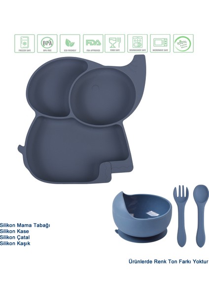 Silikon Beslenme Seti, Silikon Vakumlu Mama Tabağı Ve Kasesi, Silikon Çatal-kaşık / Lacivert