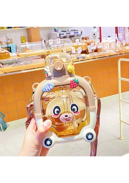 Sevimli Ayıcık Çocuk Su Şişesi 1000 ml, Sağlıklı ve Hafif Plastik Suluk Kahverengi