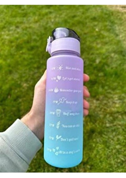 Mor ve mavi cam 900 ml motivasyonel su şişesi, sağlıklı ve şık tasarım