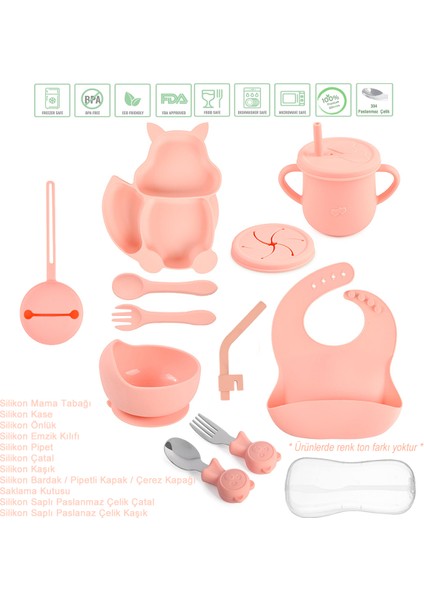 Silikon Beslenme Seti Vakumlu Mama Tabağı Ve Kasesi, Önlük, Çatal-kaşık, Pipetli Bardak/Pembe
