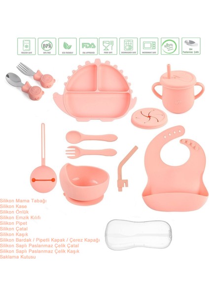 Silikon Beslenme Seti, Mama Tabağı, Kase, Emzik Kılıfı, Çatal-Kaşık, Bardak, Önlük, Pipet / Pembe