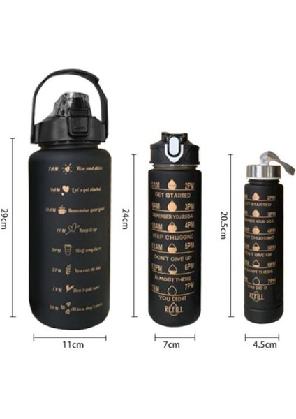 Şık 3’lü Spor Su Şişesi Seti 2L+900ml+300ml, Tritan, Siyah, ve Hafif