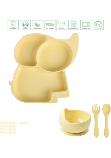 Ssilikon Beslenme Seti, Silikon Vakumlu Mama Tabağı, Kase, Silikon Çatal-kaşık / Sarı
