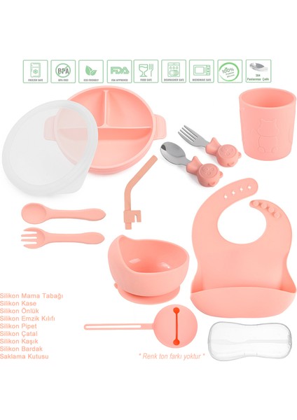 Silikon Beslenme Seti Vakumlu, Kapaklı Silikon Mama Tabağı, Kase, Önlük, Çatal-Kaşık, Bardak, Pipet, E.Kılıfı, Paslanmaz Çelik Çatal, Kaşık ve Saklama Kutusu / Pembe