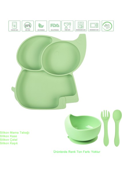 Silikon Beslenme Seti, Silikon Vakumlu Mama Tabağı, Silikon Kasesi, Çatal-kaşık / Yeşil