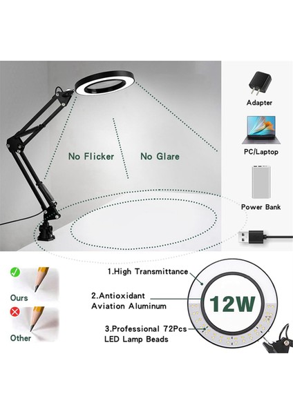 Işıklı ve Standlı Büyüteç, 10X Büyüteç Lambası, 2'si 1 Arada Kelepçeli Büyüteç Masa Lambası, 3 Renk Modu (Yurt Dışından) modelleri