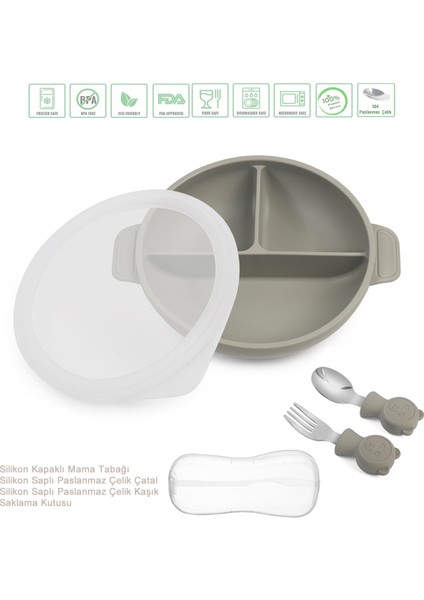 Silikon Beslenme Seti Kapaklı, Vakumlu Silikon Mama Tabağı, Paslanmaz Çelik Çatal-Kaşık ve Saklama Kutusu / Gri Renk