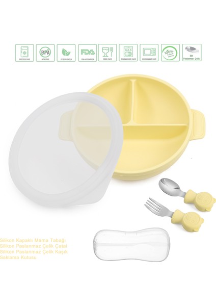 Silikon Beslenme Seti Vakumlu, Kapaklı Silikon Mama Tabağı, Paslanmaz Çelik Çatal-Kaşık ve Saklama Kutusu/ Sarı Renk