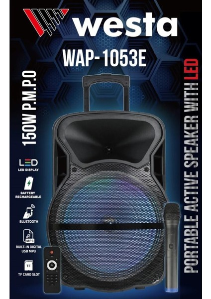 WAP-1053-E Şarjlı Taşınabilir Ses Sistemi 1 El Mikrofonlu