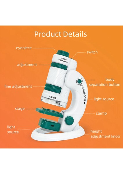 Çocuk Bilim Mikroskobu Seti 60-180X Eğitici Mini Cep El Tipi Akıllı Telefon Mikroskobu LED Işıklı Beyaz+Yeşil (Yurt Dışından) fırsatları