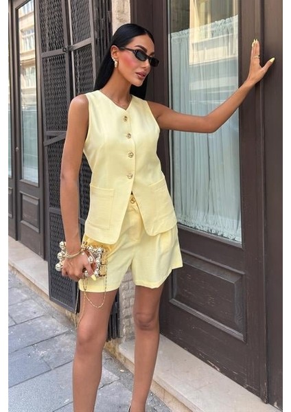 Gold Düğme Detaylı Yelek Şort Cotton Takım 10208