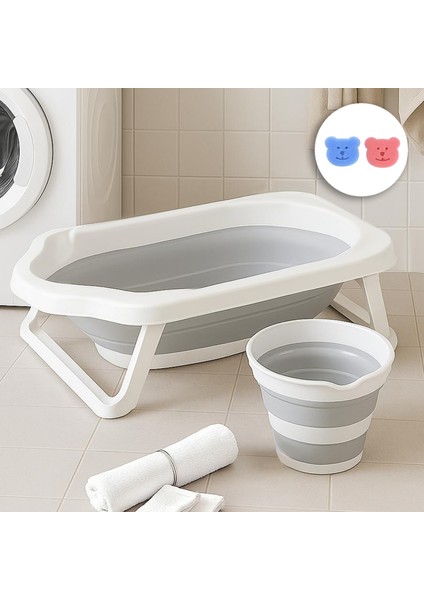 2'li Set Katlanır Bebek Banyo Seti - Katlanabilir Bebek Küveti Su Kovası Seti Gri