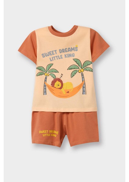 Erkek Bebek Pijama Takımı Aslan Baskılı Kısa Kollu Penye Pijama Üstü Esnek Belli Şort Pijama Altı E1190A525HS
