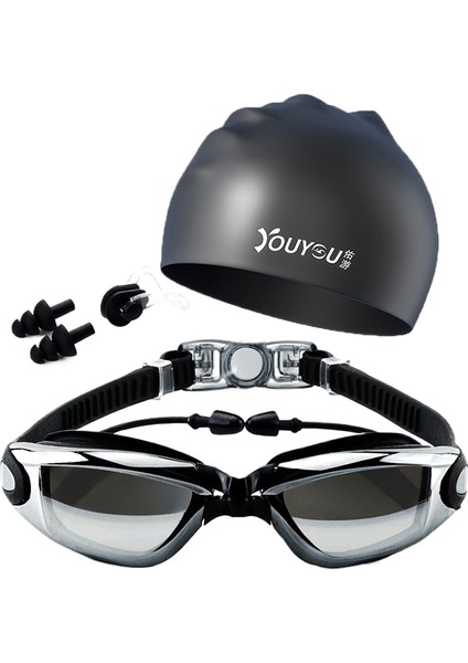 Erkekler ve Kadınlar Için Hd Su Geçirmez Buğu Önleyici Yüzme Gözlükleri Yetişkin Gözlükleri Moda Yüzme Şapkası Seti (Yurt Dışından)