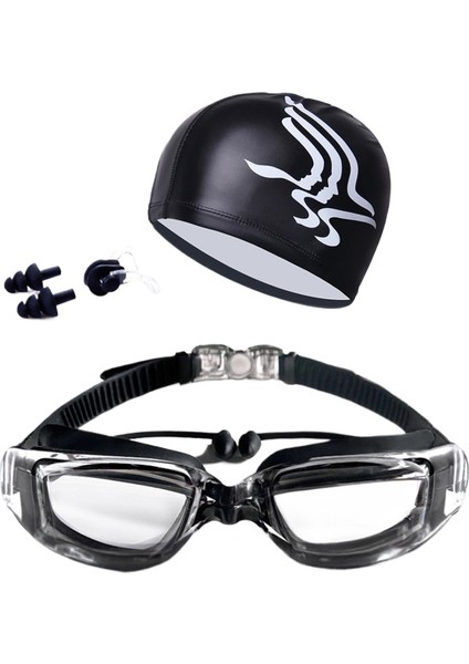 Erkekler ve Kadınlar Için Hd Su Geçirmez Buğu Önleyici Yüzme Gözlükleri Yetişkin Gözlükleri Moda Yüzme Şapkası Seti (Yurt Dışından)