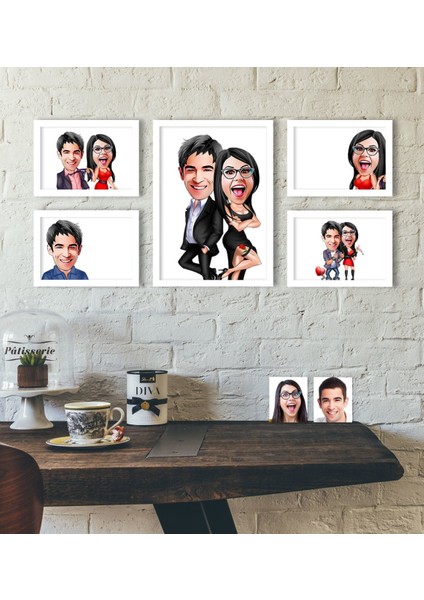 Kişiye Özel Karikatürlü Dekoratif 5'li Beyaz Çerçeve Seti