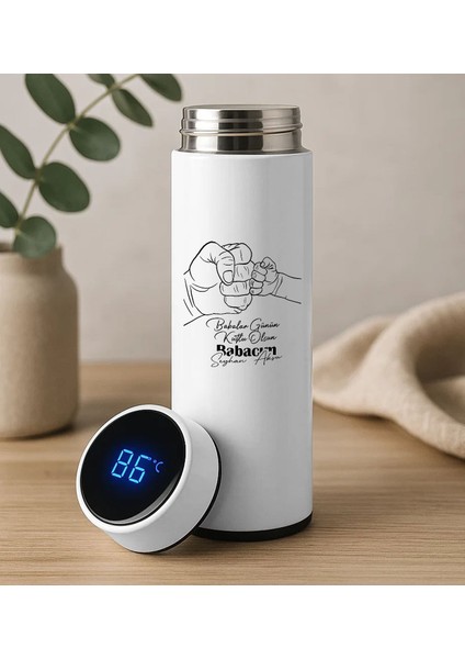 Kişiye Özel Babalar Günü Tasarımlı Filtreli Dijital Göstergeli Beyaz Çelik Termos-5