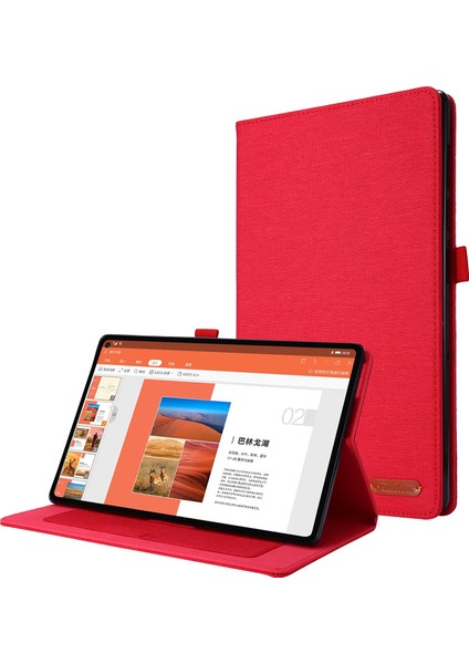 Lenovo Tab M10 Plus Deri Kılıf Çizilmeye Dayanıklı Flip Tablet Kılıfı Standlı Kart Yuvaları-Kırmızı (Yurt Dışından)