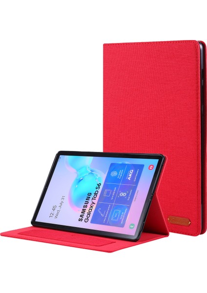 Kumaş Dokulu Kart Yuvaları Stand Deri Kılıf Samsung Galaxy Tab S6 SM-T860/T865-KIRMIZI (Yurt Dışından)