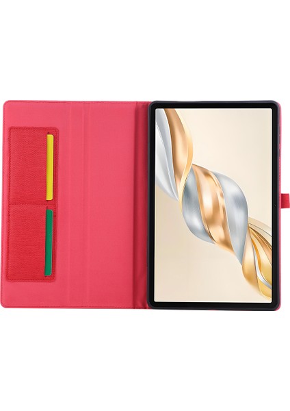 Honor Pad X9A Deri Kılıf Kart Tutucu Kumaş Doku Tablet Standı Kapağı-Kırmızı (Yurt Dışından)