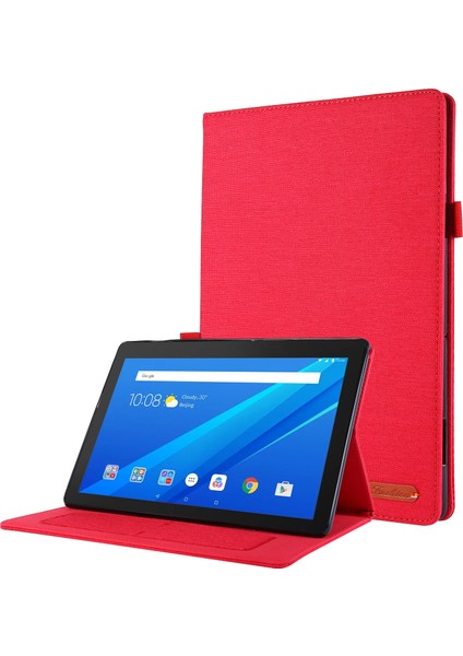Kumaş Dokulu Kart Yuvaları Deri Koruyucu Kılıf Lenovo Tab M10 TB-X605F-KIRMIZI (Yurt Dışından)