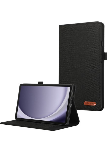 Samsung Galaxy Tab A9 Tablet Kılıfı Kumaş Doku Folio Stand Deri Kapak Kart Yuvası Ile-Siyah (Yurt Dışından)