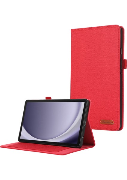 Samsung Galaxy Tab A9 Tablet Kılıfı Kumaş Doku Folio Stand Deri Kapak Kart Yuvası Ile-Kırmızı (Yurt Dışından)